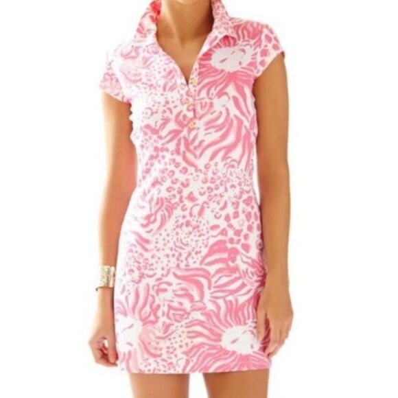 Lilly Pulitzer Raya Get Spotted Pink White Keyhole Back Cap Sleeve Mini Dress - Picture 2 of 16